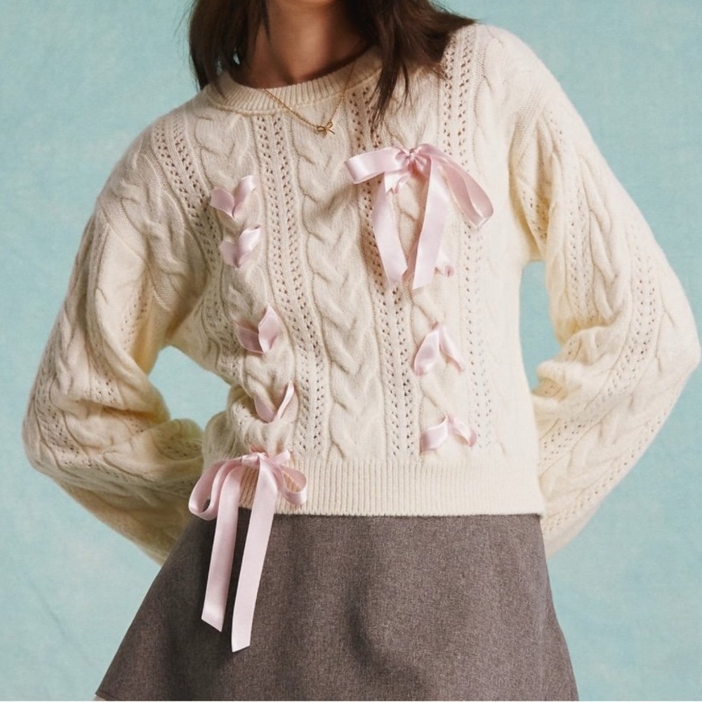 Miss Selfridge Cream Cable Knit Sweater with Pink Ribbon Details